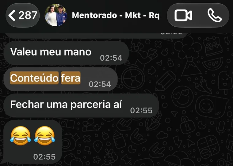 Print do WhatsApp de um mentorado: valeu meu mano, conteúdo fera