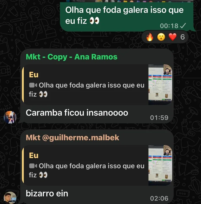 Print do grupo: respostas ao vídeo da extensão, caramba ficou insanoooo e bizarro ein