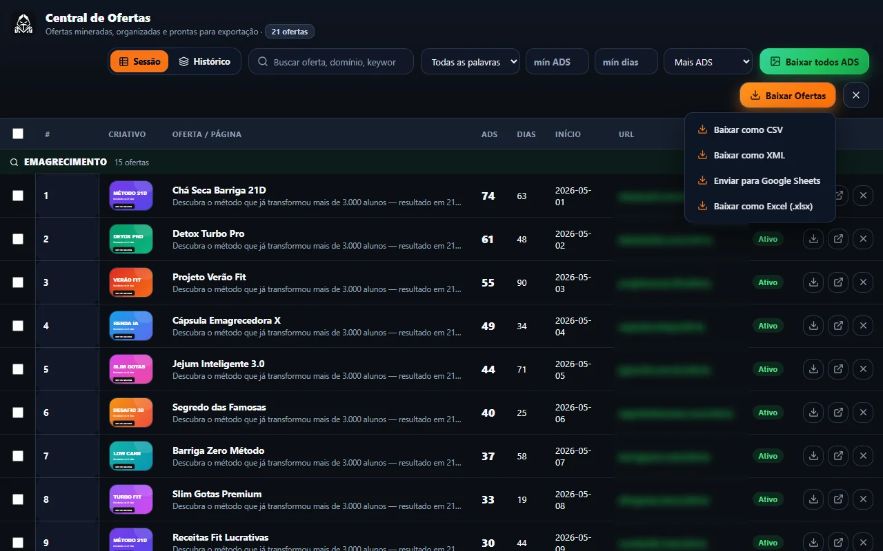 Menu Baixar Ofertas aberto com CSV, XML, Google Sheets e Excel